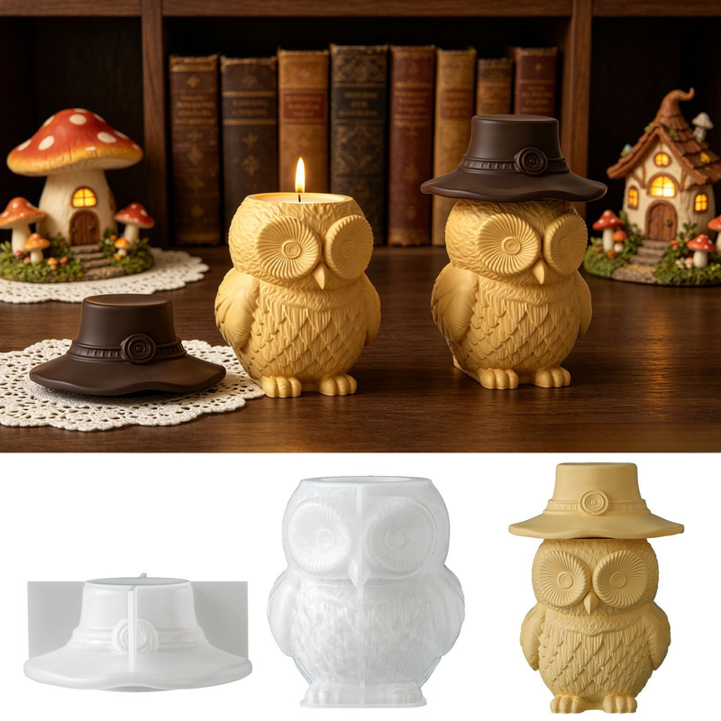Candle Containers - 2'li set silikon kalıplar, kapaklı baykuş